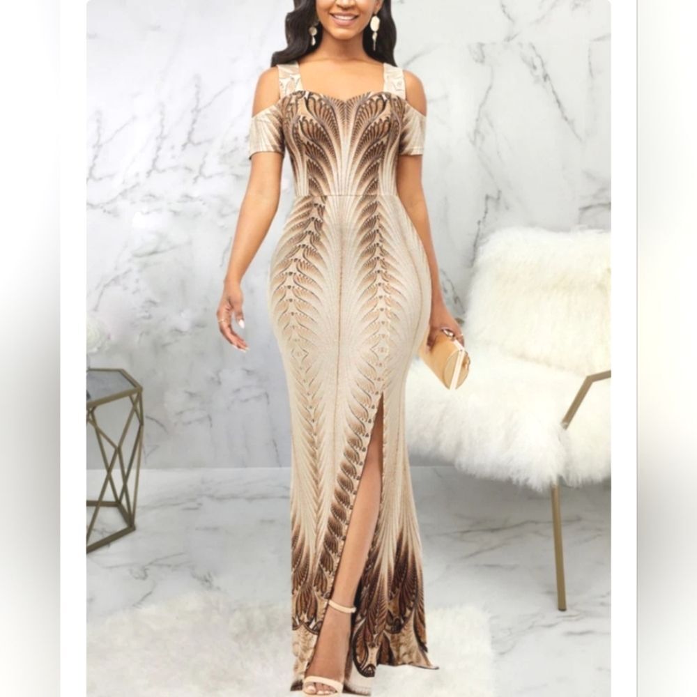 Boutique Tan & Cream Metallic Accent Cold Shoulder Mermaid Maxi Dress Small